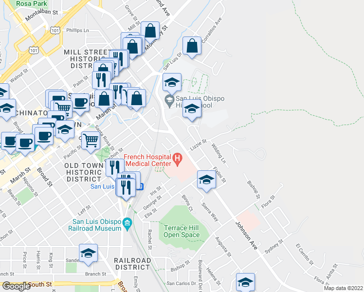map of restaurants, bars, coffee shops, grocery stores, and more near 1731 Johnson Avenue in San Luis Obispo