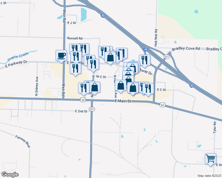 map of restaurants, bars, coffee shops, grocery stores, and more near 2823 East Main Street in Russellville