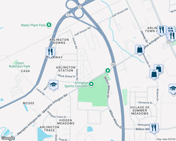 map of restaurants, bars, coffee shops, grocery stores, and more near 11336 Memphis Arlington Road in Arlington