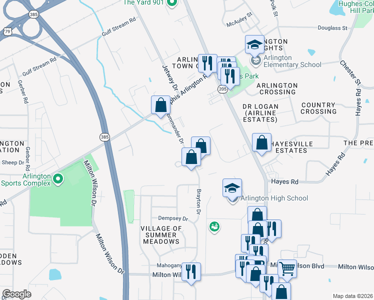 map of restaurants, bars, coffee shops, grocery stores, and more near 5579 Commander Drive in Arlington