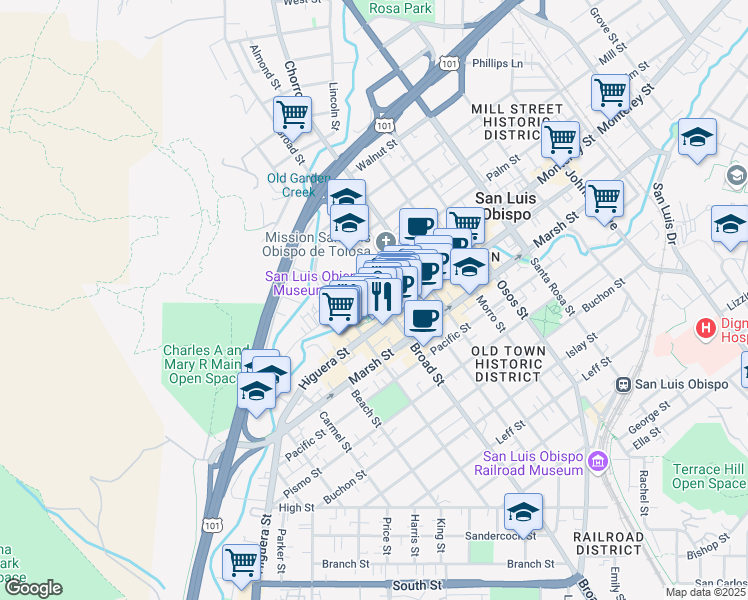 map of restaurants, bars, coffee shops, grocery stores, and more near 699 Monterey Street in San Luis Obispo