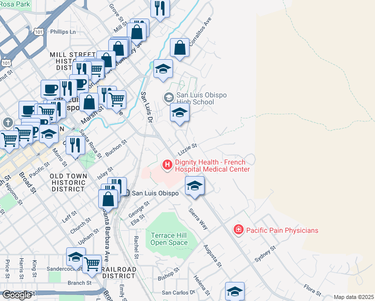 map of restaurants, bars, coffee shops, grocery stores, and more near 1822 Fixlini Street in San Luis Obispo