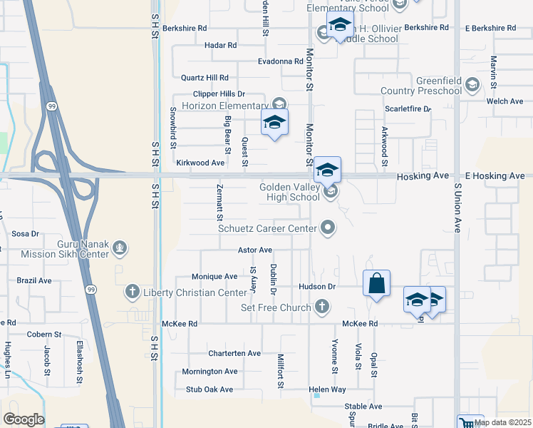 map of restaurants, bars, coffee shops, grocery stores, and more near 1110 Aegean Avenue in Bakersfield
