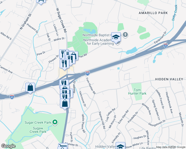 map of restaurants, bars, coffee shops, grocery stores, and more near Interstate 85 in Charlotte