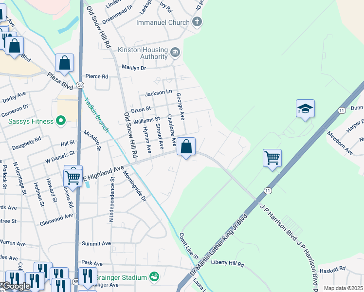 map of restaurants, bars, coffee shops, grocery stores, and more near 709 Stadiem Dr in Kinston