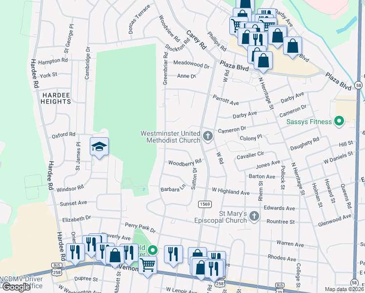 map of restaurants, bars, coffee shops, grocery stores, and more near 1108 Margaret Lane in Kinston