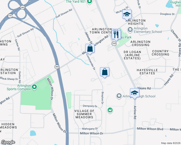map of restaurants, bars, coffee shops, grocery stores, and more near 5579 Commander Drive in Arlington