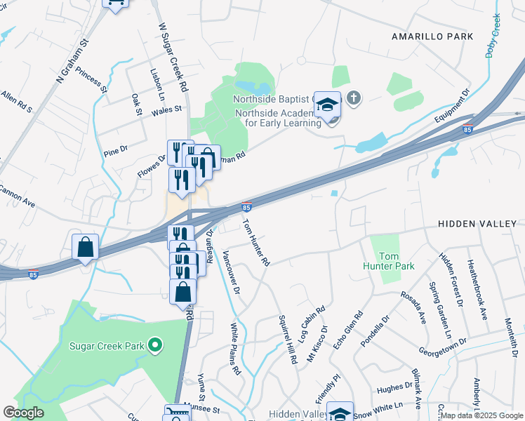 map of restaurants, bars, coffee shops, grocery stores, and more near Interstate 85 in Charlotte