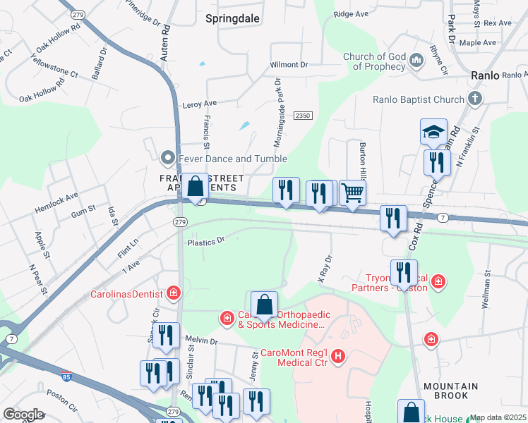 map of restaurants, bars, coffee shops, grocery stores, and more near 2409 East Ozark Avenue in Gastonia