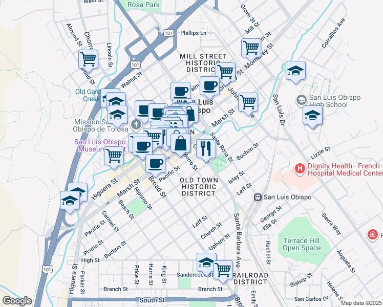 map of restaurants, bars, coffee shops, grocery stores, and more near in San Luis Obispo