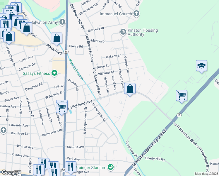 map of restaurants, bars, coffee shops, grocery stores, and more near 504 Stadiem Drive in Kinston