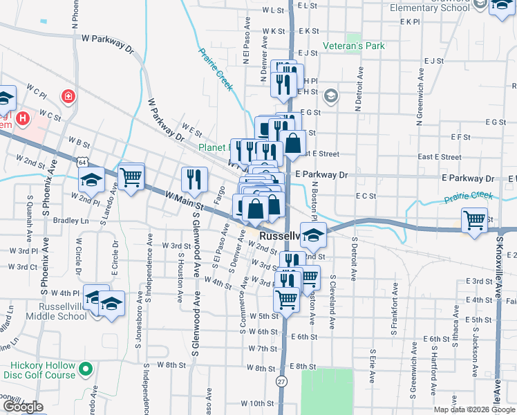 map of restaurants, bars, coffee shops, grocery stores, and more near 201 West Parkway Drive in Russellville