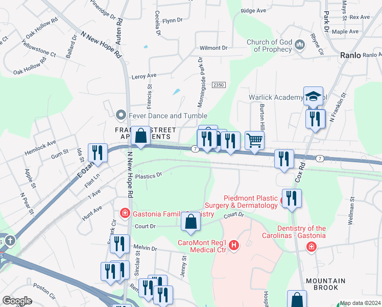 map of restaurants, bars, coffee shops, grocery stores, and more near 2417 East Ozark Avenue in Gastonia