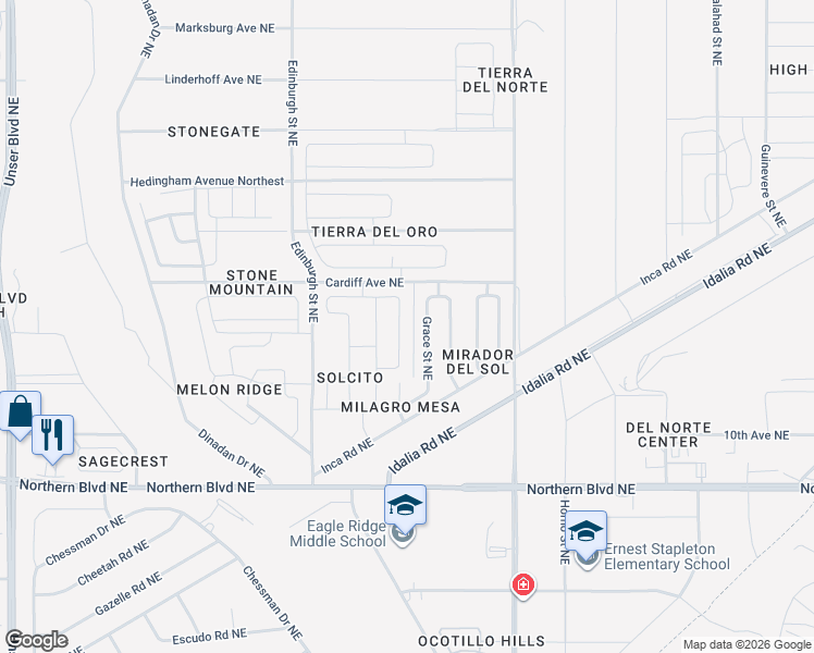 map of restaurants, bars, coffee shops, grocery stores, and more near 1199 Grace Street Northeast in Rio Rancho