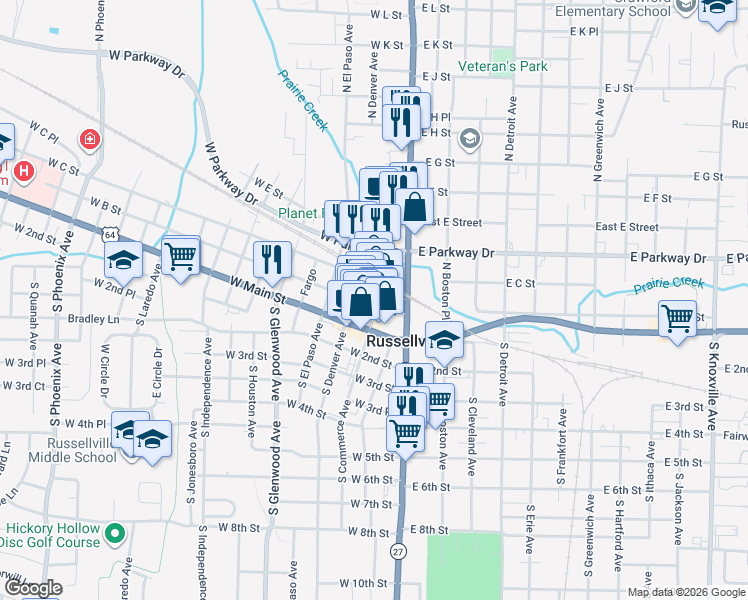 map of restaurants, bars, coffee shops, grocery stores, and more near 205 Commerce in Russellville
