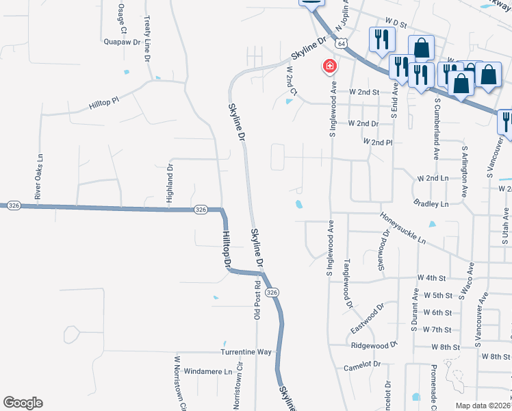 map of restaurants, bars, coffee shops, grocery stores, and more near 325 Skyline Drive in Russellville