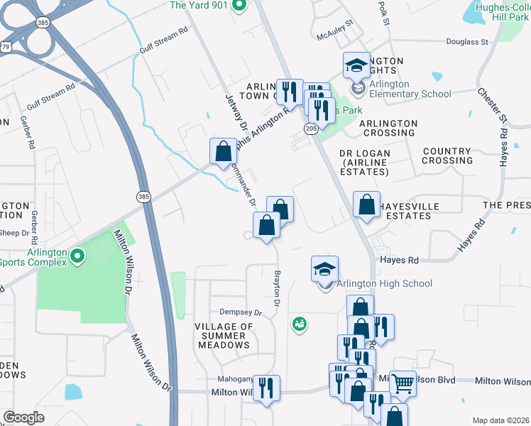 map of restaurants, bars, coffee shops, grocery stores, and more near 5579 Commander Drive in Arlington