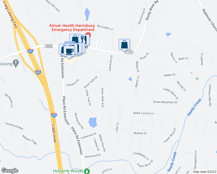 map of restaurants, bars, coffee shops, grocery stores, and more near 9908 Starwood Drive in Charlotte