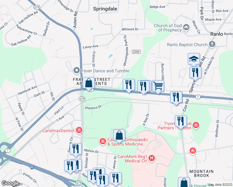 map of restaurants, bars, coffee shops, grocery stores, and more near 2409 East Ozark Avenue in Gastonia