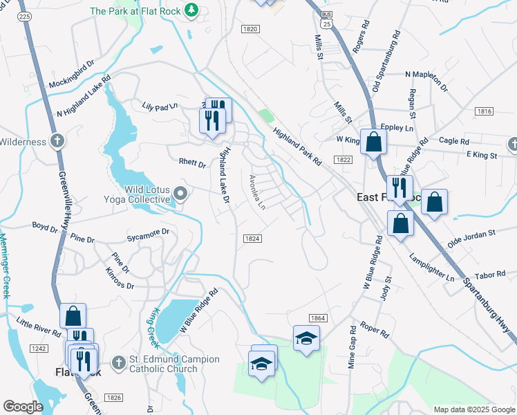 map of restaurants, bars, coffee shops, grocery stores, and more near 74 Avonlea Lane in Flat Rock