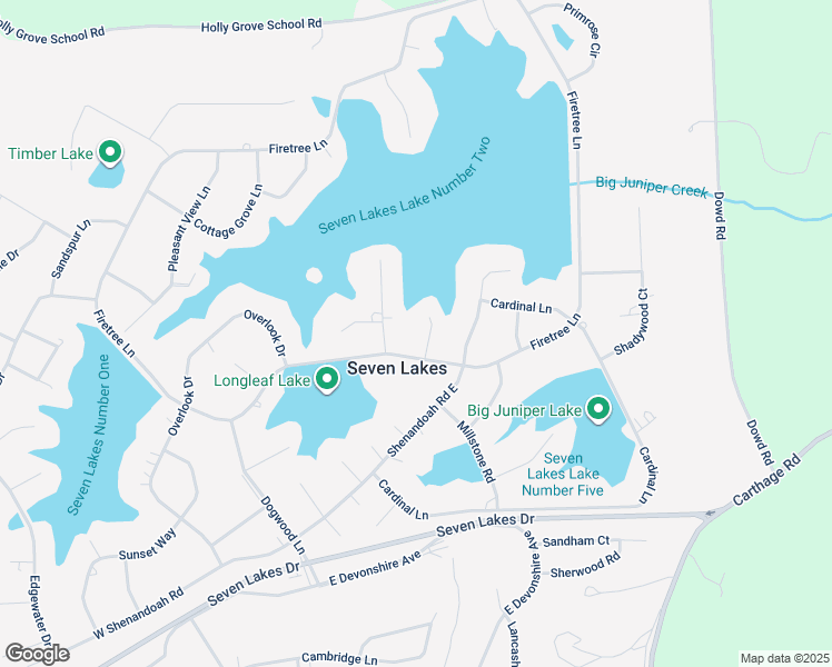 map of restaurants, bars, coffee shops, grocery stores, and more near Scuppernong Court in Seven Lakes