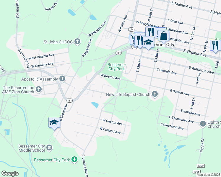 map of restaurants, bars, coffee shops, grocery stores, and more near 307 West Hartford Avenue in Bessemer City