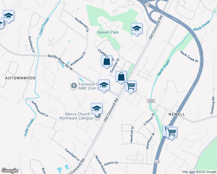 map of restaurants, bars, coffee shops, grocery stores, and more near 1501 Rocky River Road West in Charlotte