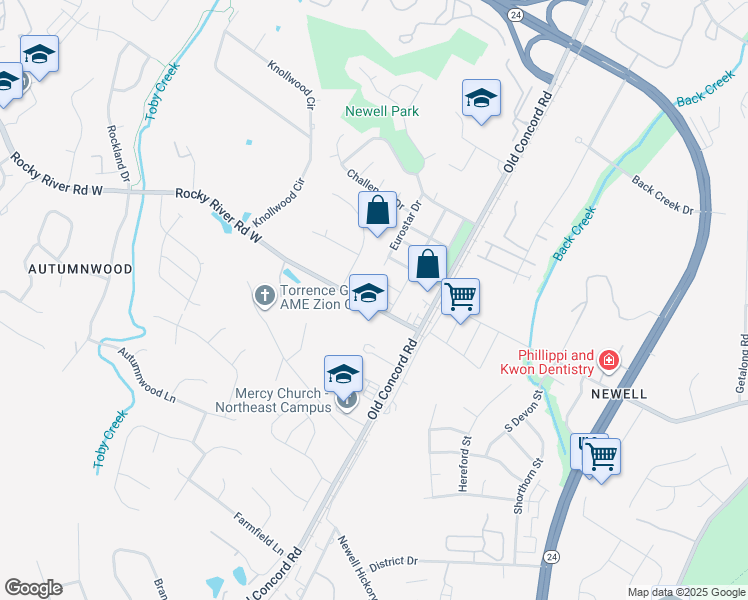 map of restaurants, bars, coffee shops, grocery stores, and more near 1409 Rocky River Road West in Charlotte