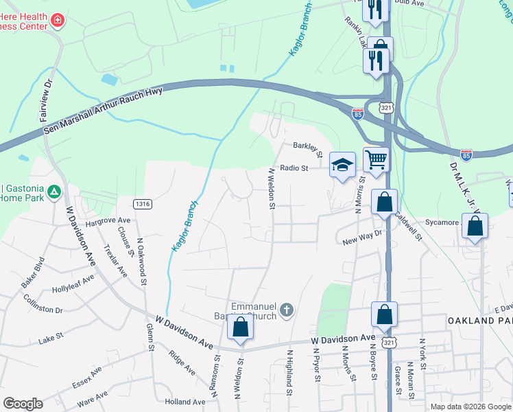 map of restaurants, bars, coffee shops, grocery stores, and more near 1001 Sims Circle in Gastonia