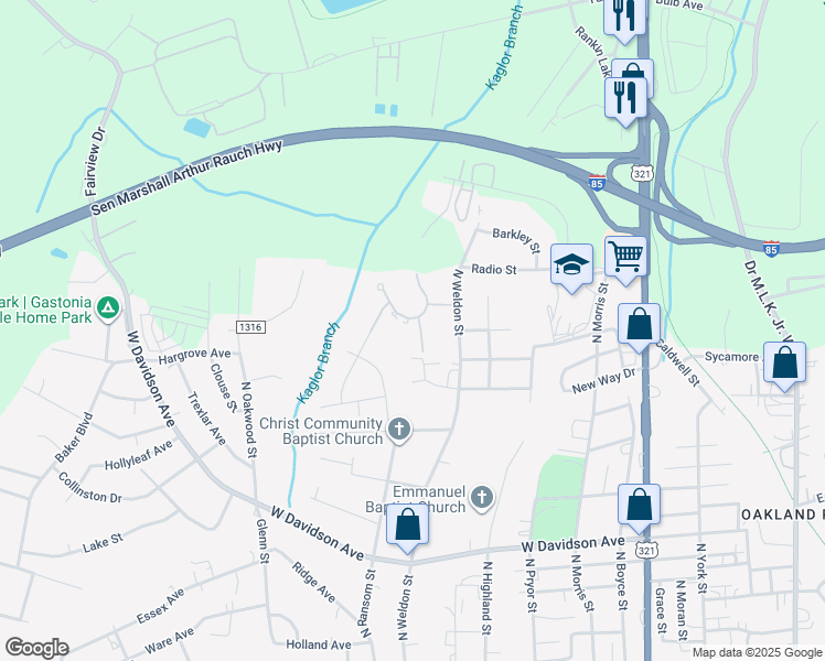 map of restaurants, bars, coffee shops, grocery stores, and more near 1001 Sims Circle in Gastonia