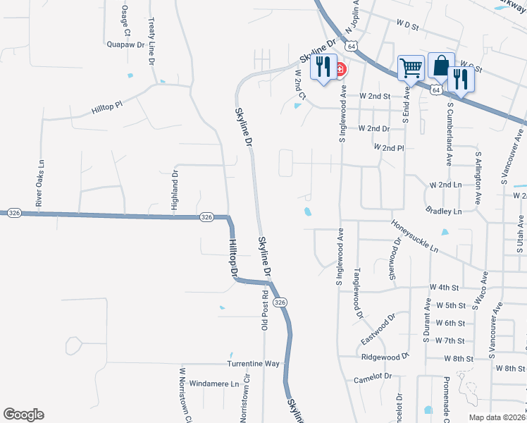 map of restaurants, bars, coffee shops, grocery stores, and more near 325 Skyline Drive in Russellville