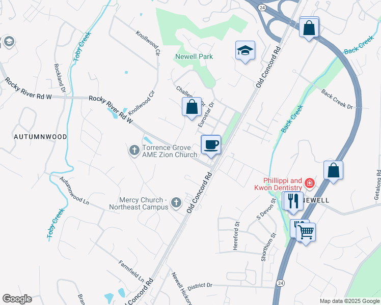 map of restaurants, bars, coffee shops, grocery stores, and more near 1409 Rocky River Road West in Charlotte