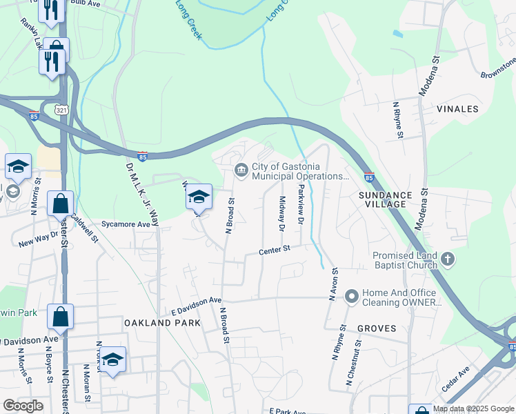 map of restaurants, bars, coffee shops, grocery stores, and more near 1107 Green Circle Drive in Gastonia