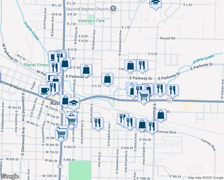 map of restaurants, bars, coffee shops, grocery stores, and more near 606 East C Street in Russellville