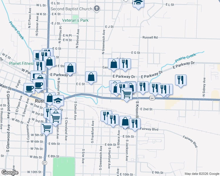 map of restaurants, bars, coffee shops, grocery stores, and more near 209 North Hartford Avenue in Russellville