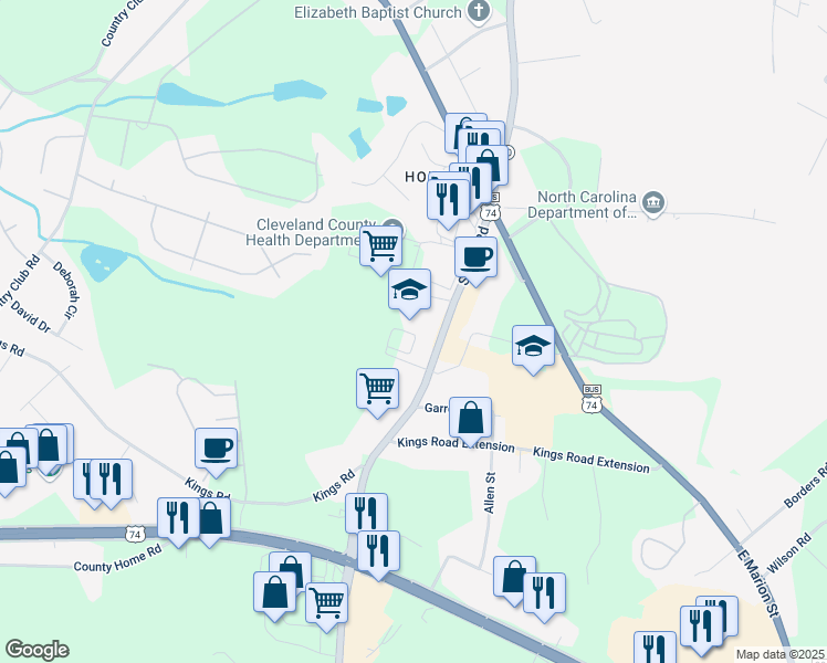 map of restaurants, bars, coffee shops, grocery stores, and more near 220 South Post Road in Shelby