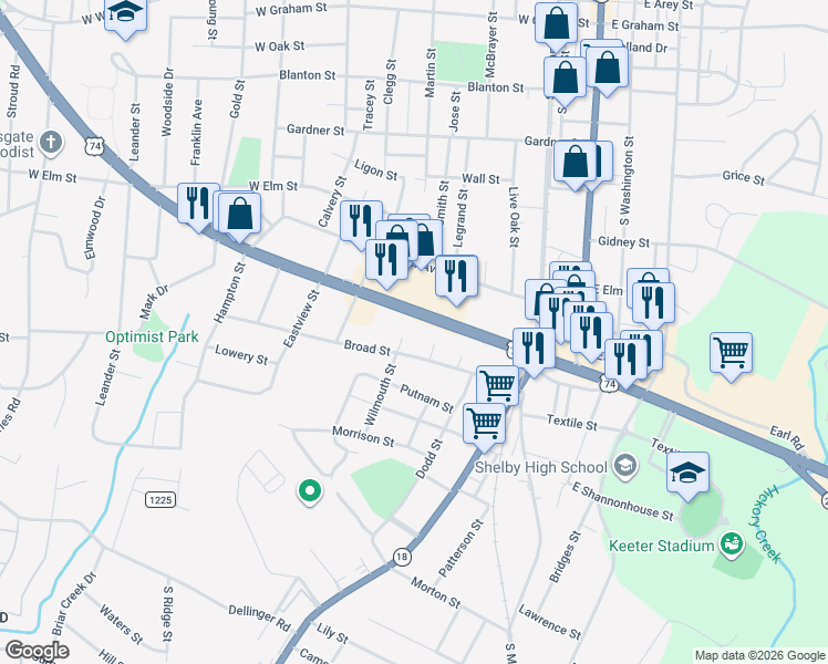 map of restaurants, bars, coffee shops, grocery stores, and more near 221 U.S. 74 in Shelby