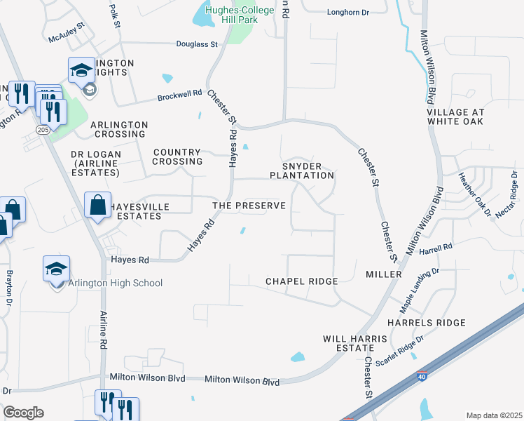 map of restaurants, bars, coffee shops, grocery stores, and more near 12179 Preserve Woods Cove in Arlington