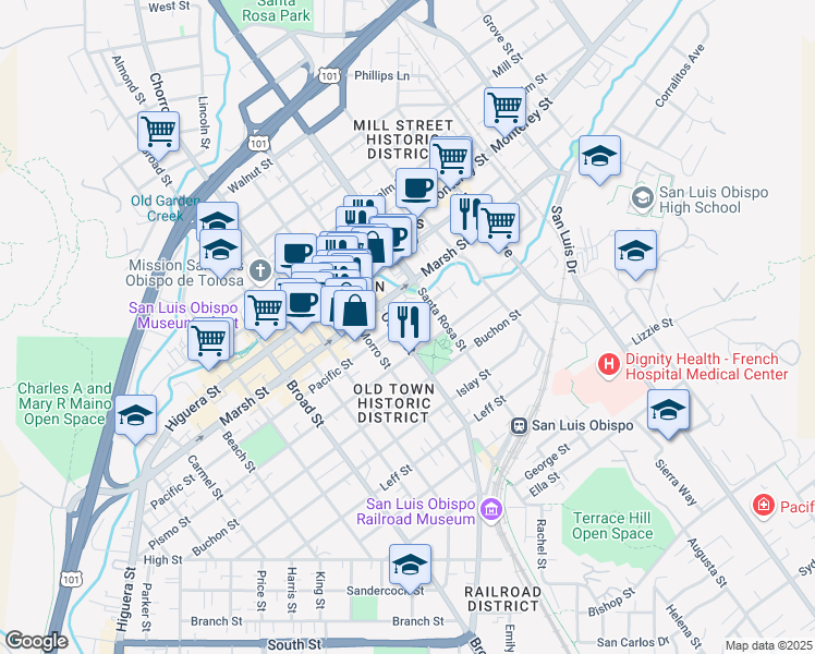 map of restaurants, bars, coffee shops, grocery stores, and more near 1043 Pacific Street in San Luis Obispo