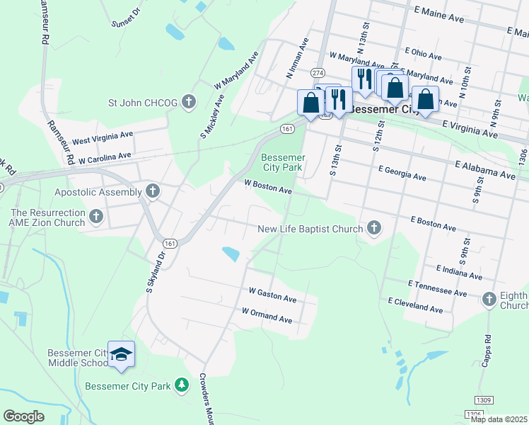 map of restaurants, bars, coffee shops, grocery stores, and more near 307 West Hartford Avenue in Bessemer City