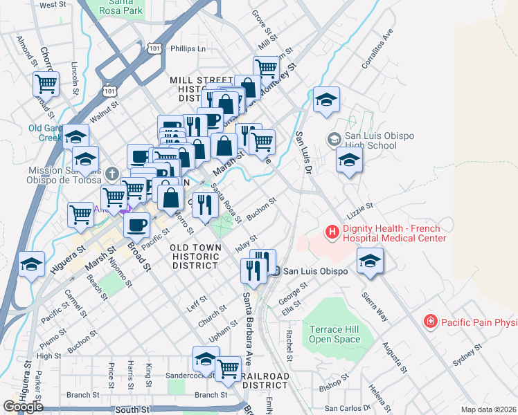 map of restaurants, bars, coffee shops, grocery stores, and more near 1176 Pismobuchon Alley in San Luis Obispo