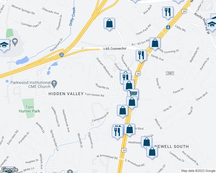 map of restaurants, bars, coffee shops, grocery stores, and more near 2319 Hope Valley Lane in Charlotte