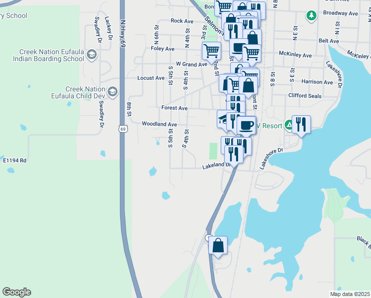 map of restaurants, bars, coffee shops, grocery stores, and more near 401-599 Lakeland Cove Terrace in Eufaula