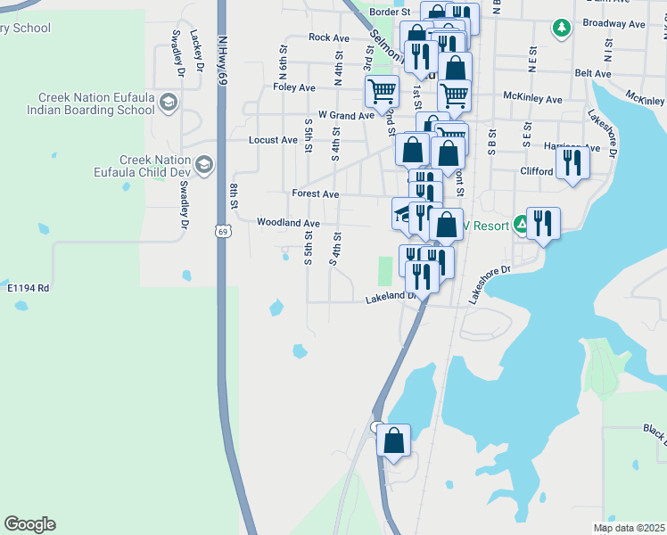 map of restaurants, bars, coffee shops, grocery stores, and more near 401-599 Lakeland Cove Terrace in Eufaula