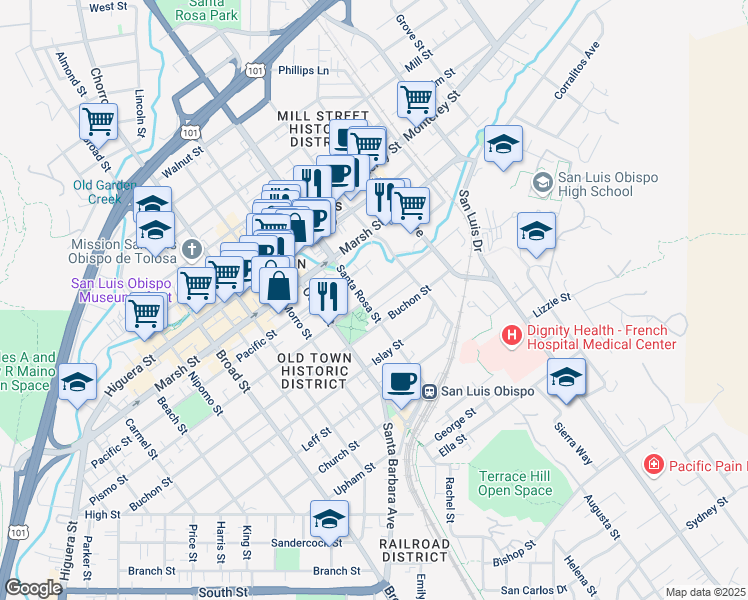 map of restaurants, bars, coffee shops, grocery stores, and more near 1109 Pismo Street in San Luis Obispo