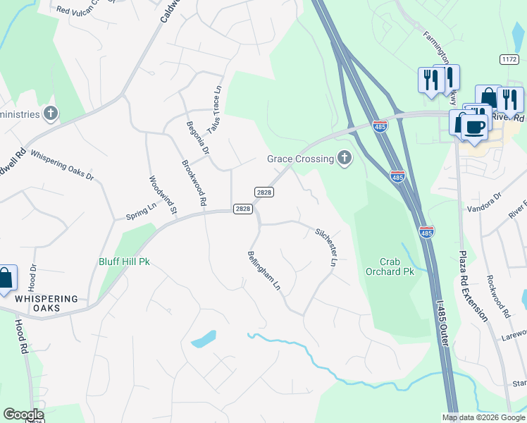 map of restaurants, bars, coffee shops, grocery stores, and more near 4108 Bellingham Lane in Charlotte