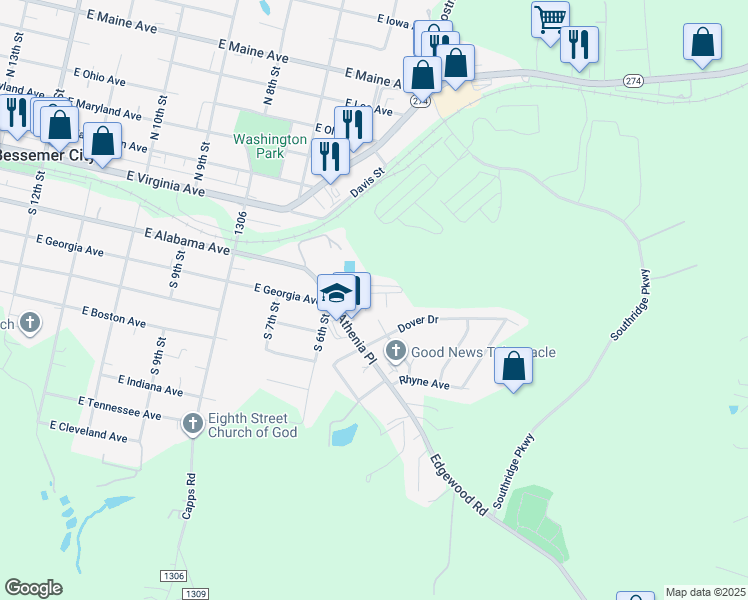 map of restaurants, bars, coffee shops, grocery stores, and more near 903 Cherry Street in Bessemer City