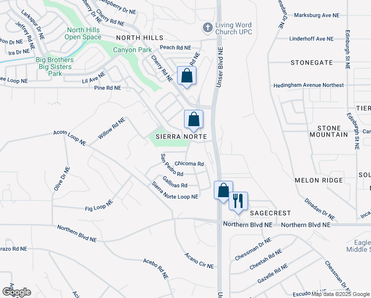map of restaurants, bars, coffee shops, grocery stores, and more near 1501 San Pedro Road in Rio Rancho