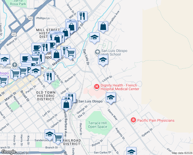 map of restaurants, bars, coffee shops, grocery stores, and more near Johnson Avenue & Breck Street in San Luis Obispo