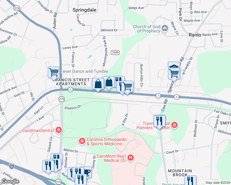 map of restaurants, bars, coffee shops, grocery stores, and more near North Carolina 7 in Gastonia